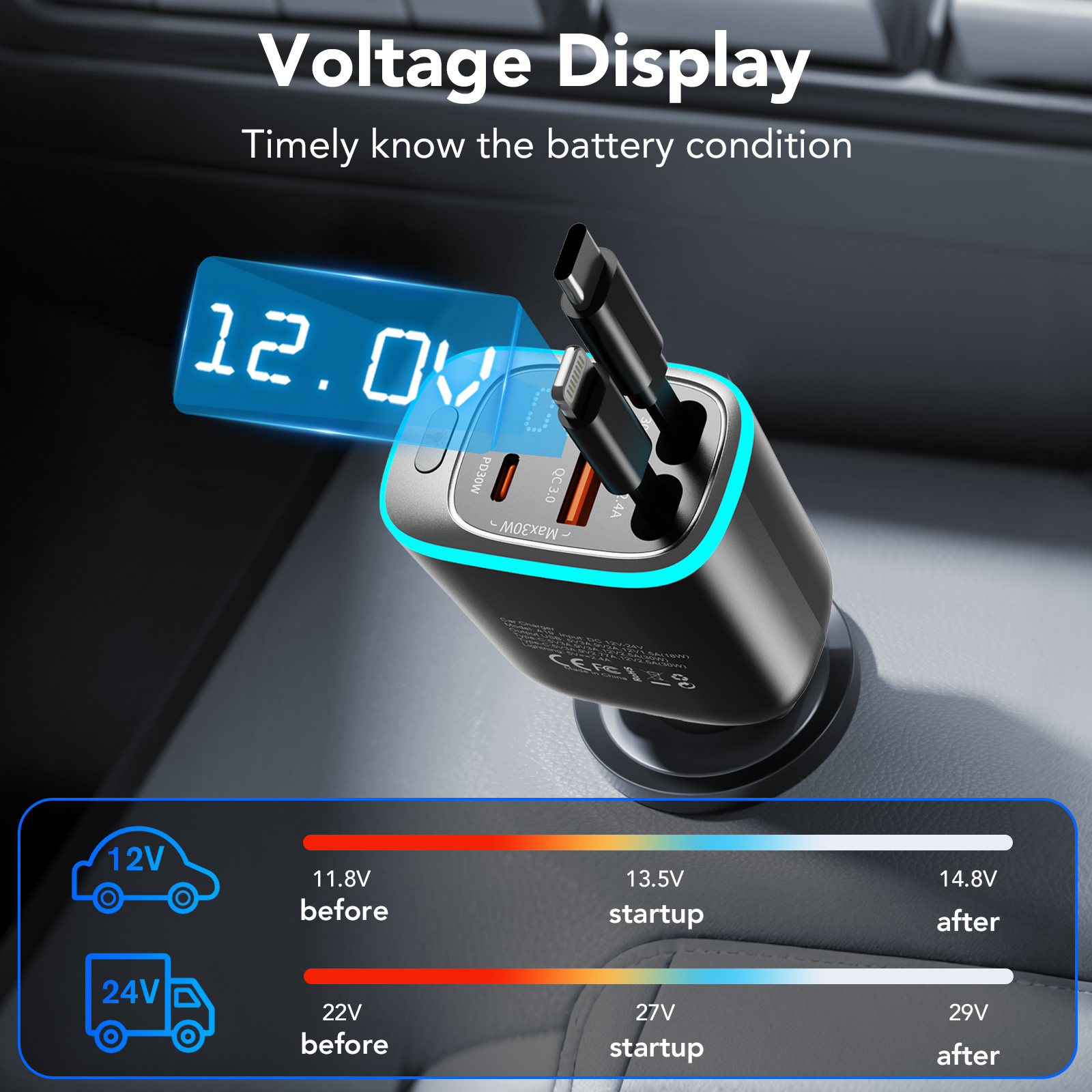 KT1 85W Retractable Car Charger with USB-C and Lightning Cables photo 2