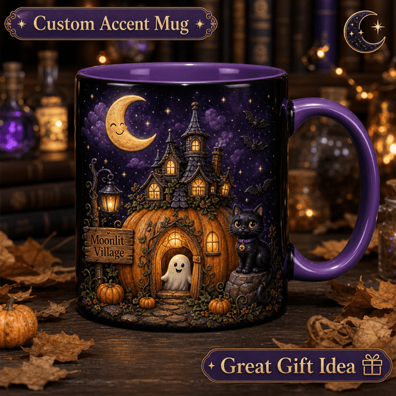 Moonlit Pumpkin Village Ceramic Accent Coffee Mug Halloween Gift