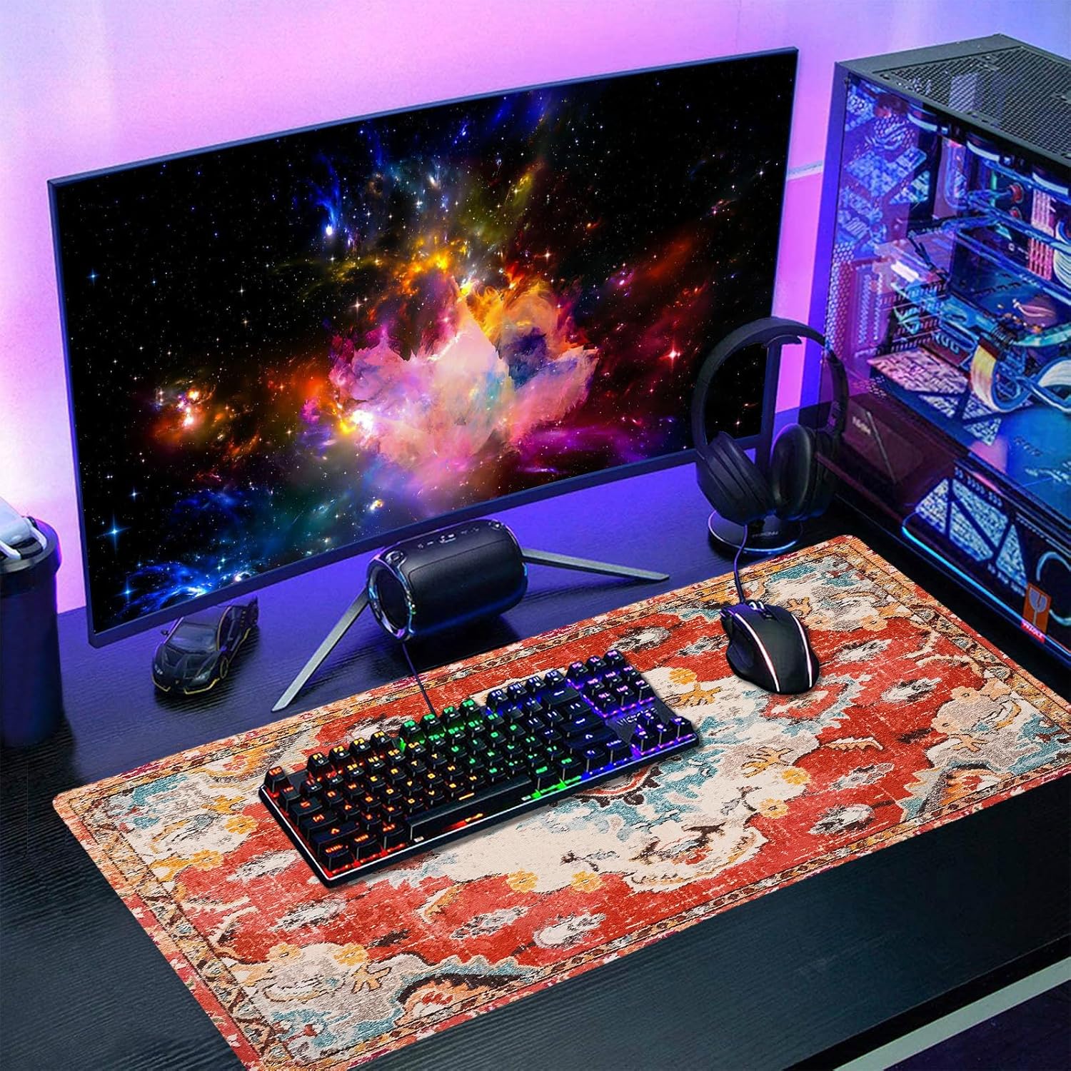 Vintage Rug Mouse Pad XXL Red Orange Retro Carpet Aesthetic Extended Table Mat 90X40 cm Non-Slip Rubber Base Stitched Edge Large Mousepad for Gaming Laptop Computer Desk Top 35.4×15.7 Inch