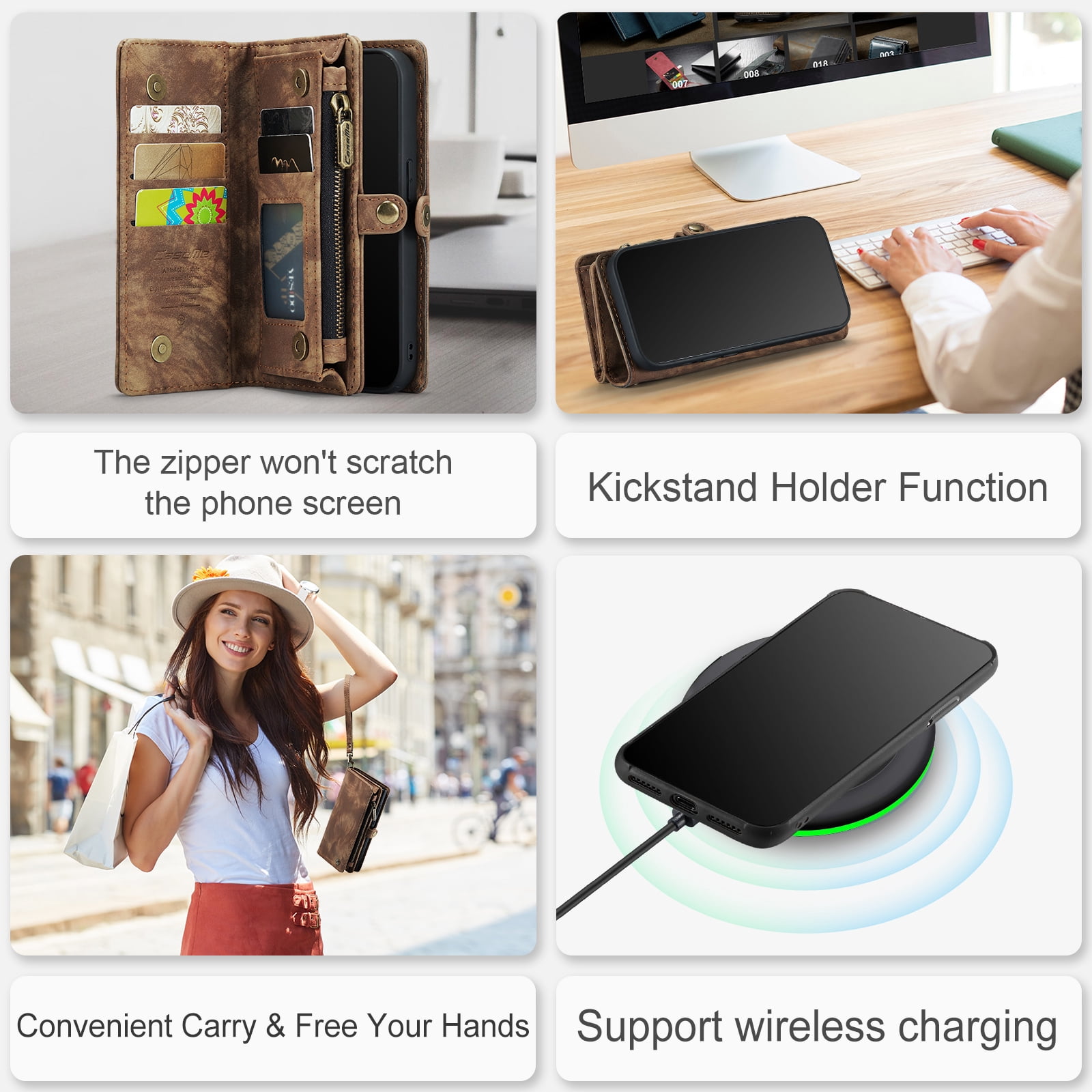 Feishell Durable 2-In-1 Magnetic Detachable Wallet Case for iPhone 11,for Women Men,Premium PU Leather Zipper Pocket Flip Multi Card Slots Purse Phone Case with Wrist Strap,Darkbrown