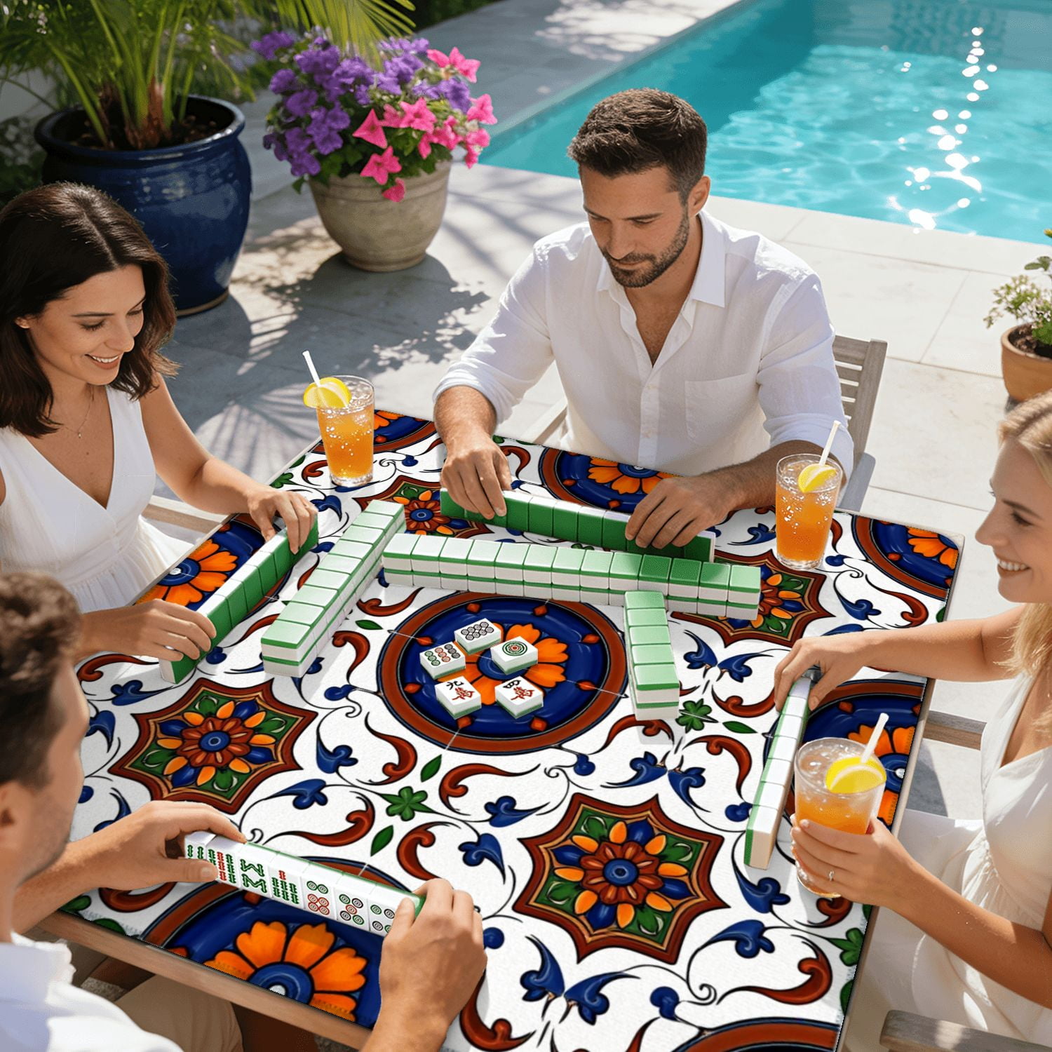 Mahjong Mat 31.5" x 31.5" Colorful Ceramic Tile Floral Ornamental Details Non-Slip Noise Reduction American Mahjong Tiles Table Cover for Dominoes Poker Card Board Games Gift