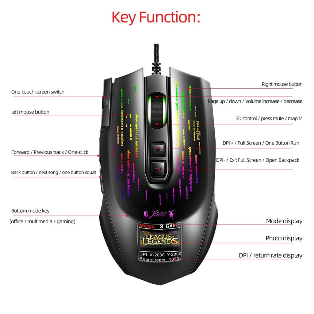 PRINxy Gaming Mouse With Touch-Screen Display 6400DPI RGB Backlight Gamer Mice For PC Game/Office Mouse Electronics Gadgets Computer Accessories Black