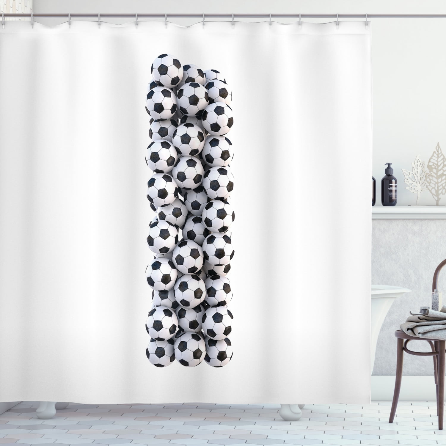 Sports Theme Black and White Football Bath Waterproof Fabric Shower Curtain Set 