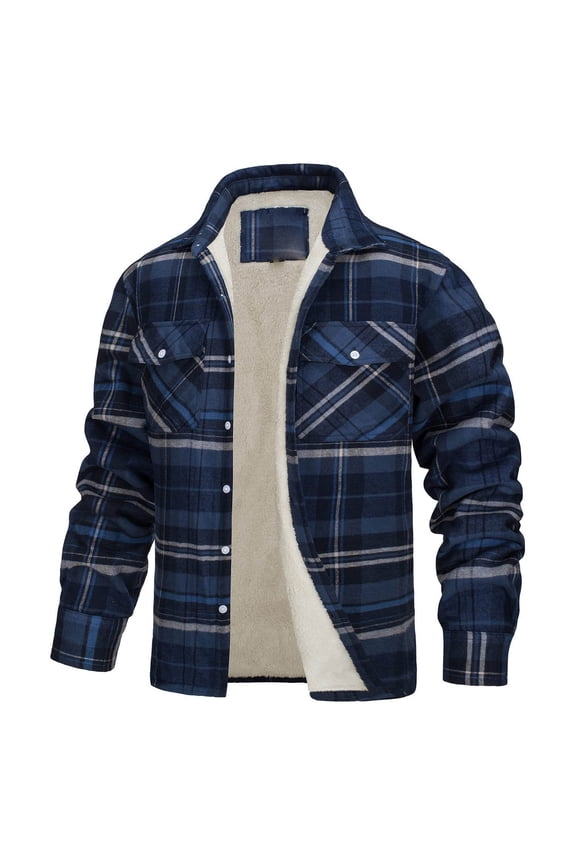 Men's Thick Plaid Shirt Jacket with Sherpa Fleece Lined Long Sleeve Button Down Warm Shackets Flap Pockets Winter Coat (XXL, Navy)