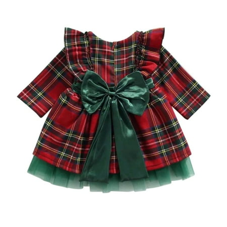 

MAXCOZY 6M-5T Little Toddler Baby Girl Christmas Outfits Red Plaid Long Sleeve Dress Princess Tulle Bow Tutu Skirt Dresses Xmas Clothes