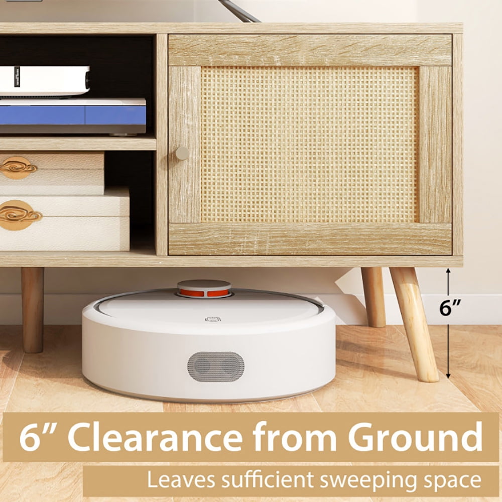 Finihen TV Stand, PE Rattan Media Console Table with 2 Cabinets and Open Shelves, Media Entertainment Center with Storage, for Living Room, Natural