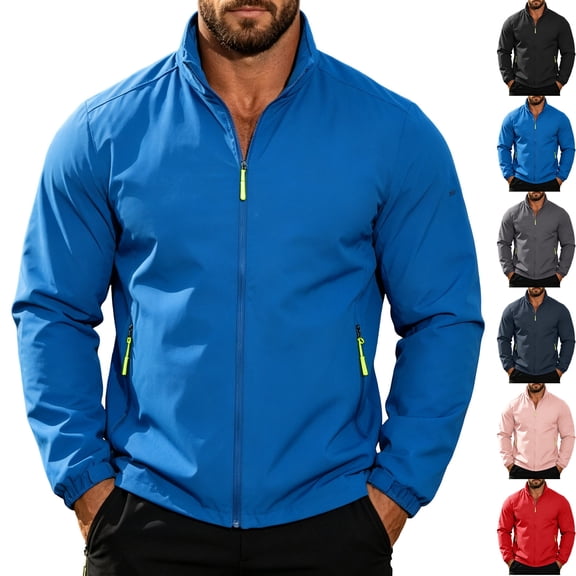 Men's Waterproof Golf Windbreaker Active Shell Jacket Stand Collar Full Zip Windproof Outerwear Coat with Zip Pockets for Daily Wear Travel, Blue, M
