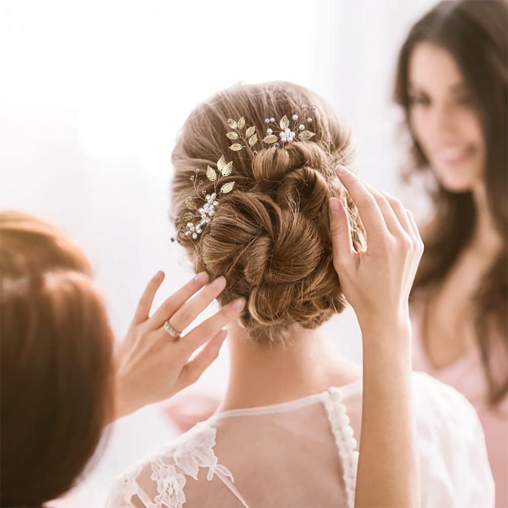 Bridal Wedding Hair Pins Gold Leaf Crystal Pearl Hair Clips Flower Headpiece Vintage Hair Accessories for Brides Bridesmaids