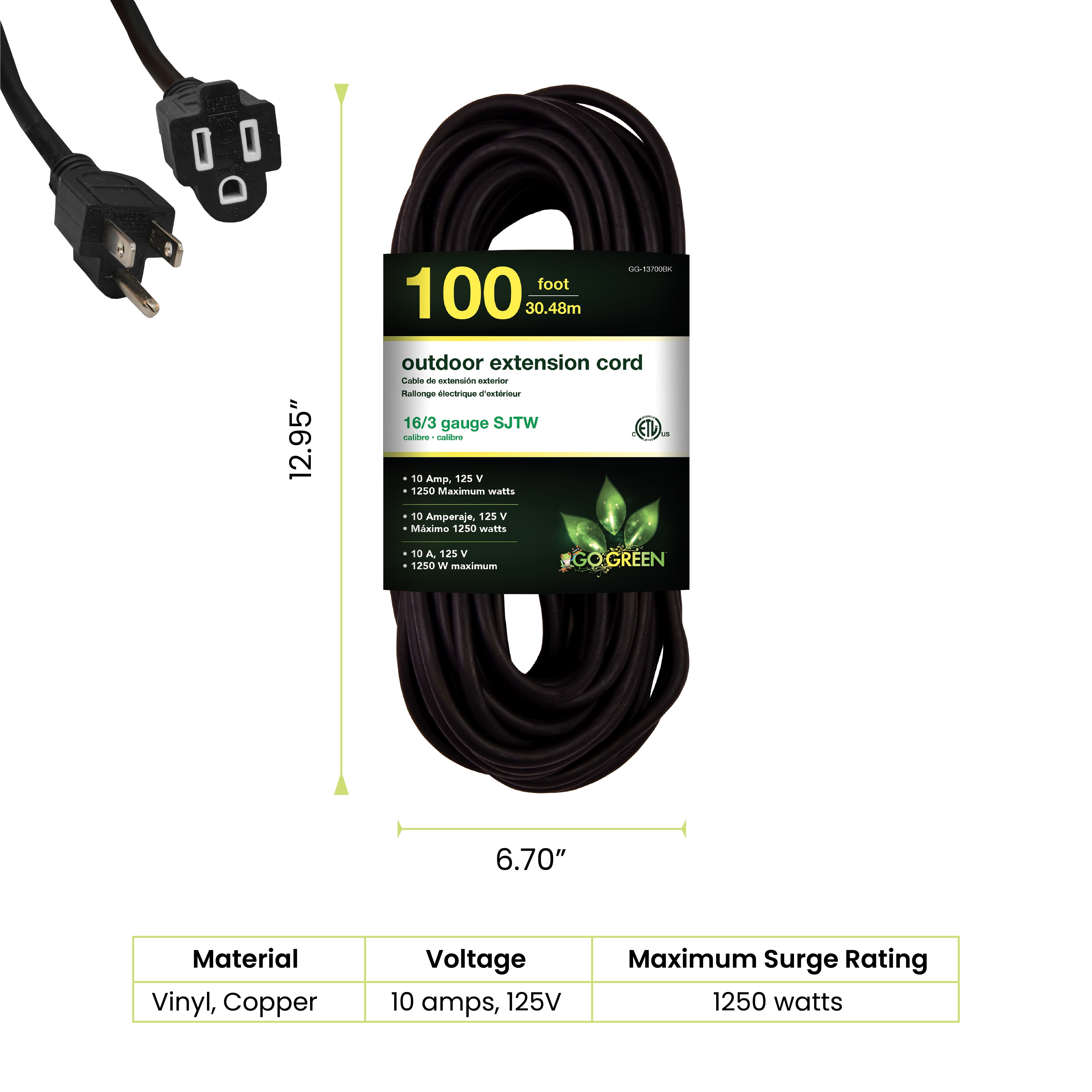 GoGreen Power Inc. 16/3 100ft Black Outdoor Extension Cord - Heavy Duty, Moisture Resistant - Perfect for Tools & Equipment - GG-13700BK