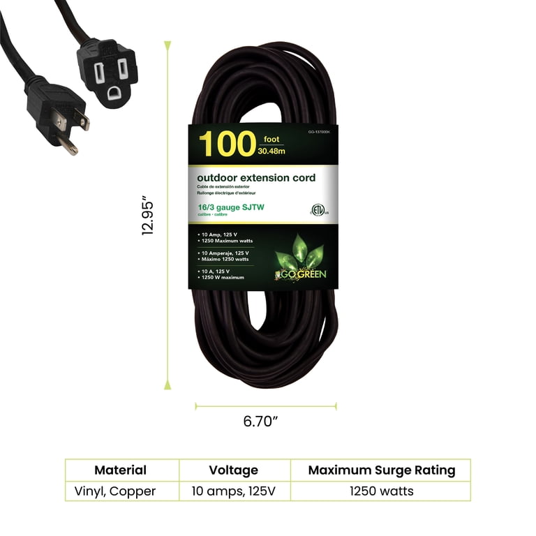 GoGreen Power Inc. 16/3 100ft Black Outdoor Extension Cord - Heavy