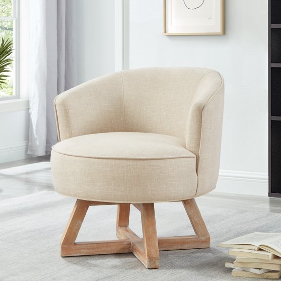 360° Swivel Lounge Chair with Cross-Shaped Wooden Base, Linen Fabric Accent Chair for Living Room Office, Beige.