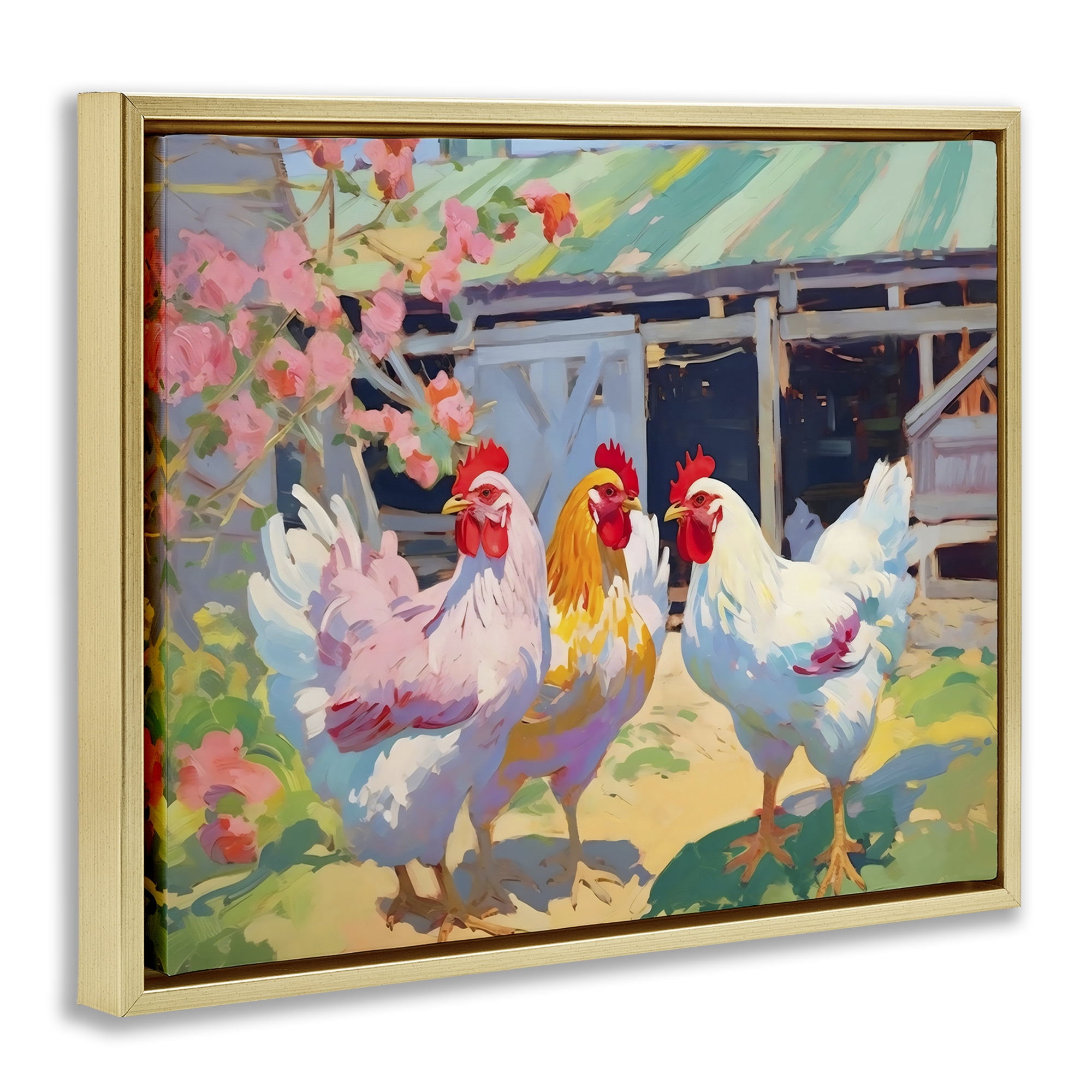 Stupell Industries Colorful Chickens in Sunlit Yard Gold Framed Floater Canvas Wall Art, design by Creative Studio