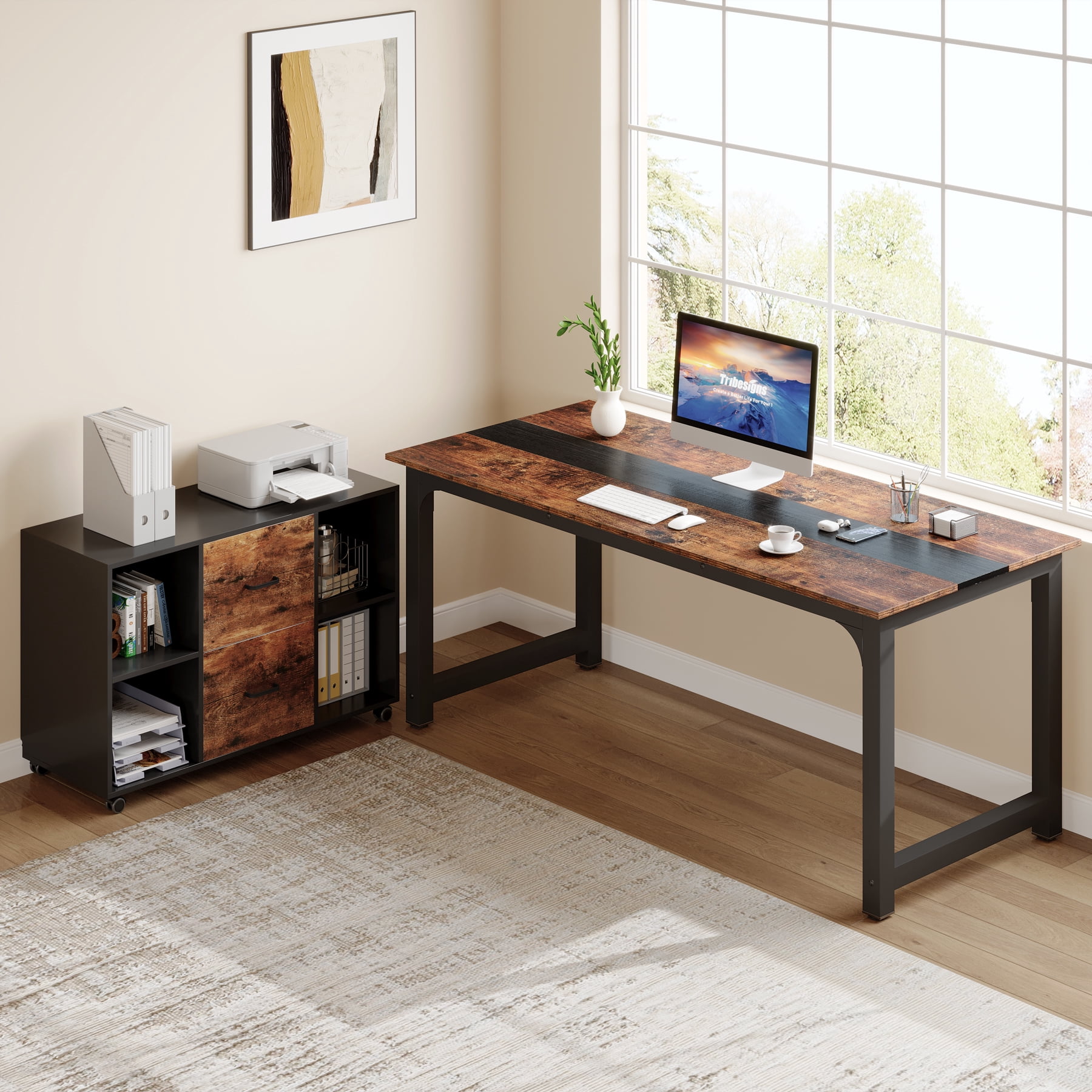 Tribesigns Executive Computer Desk with File Cabinet, 71-inch Home Office Desk with Filing Storage Drawer Cabinet, Brown & Black