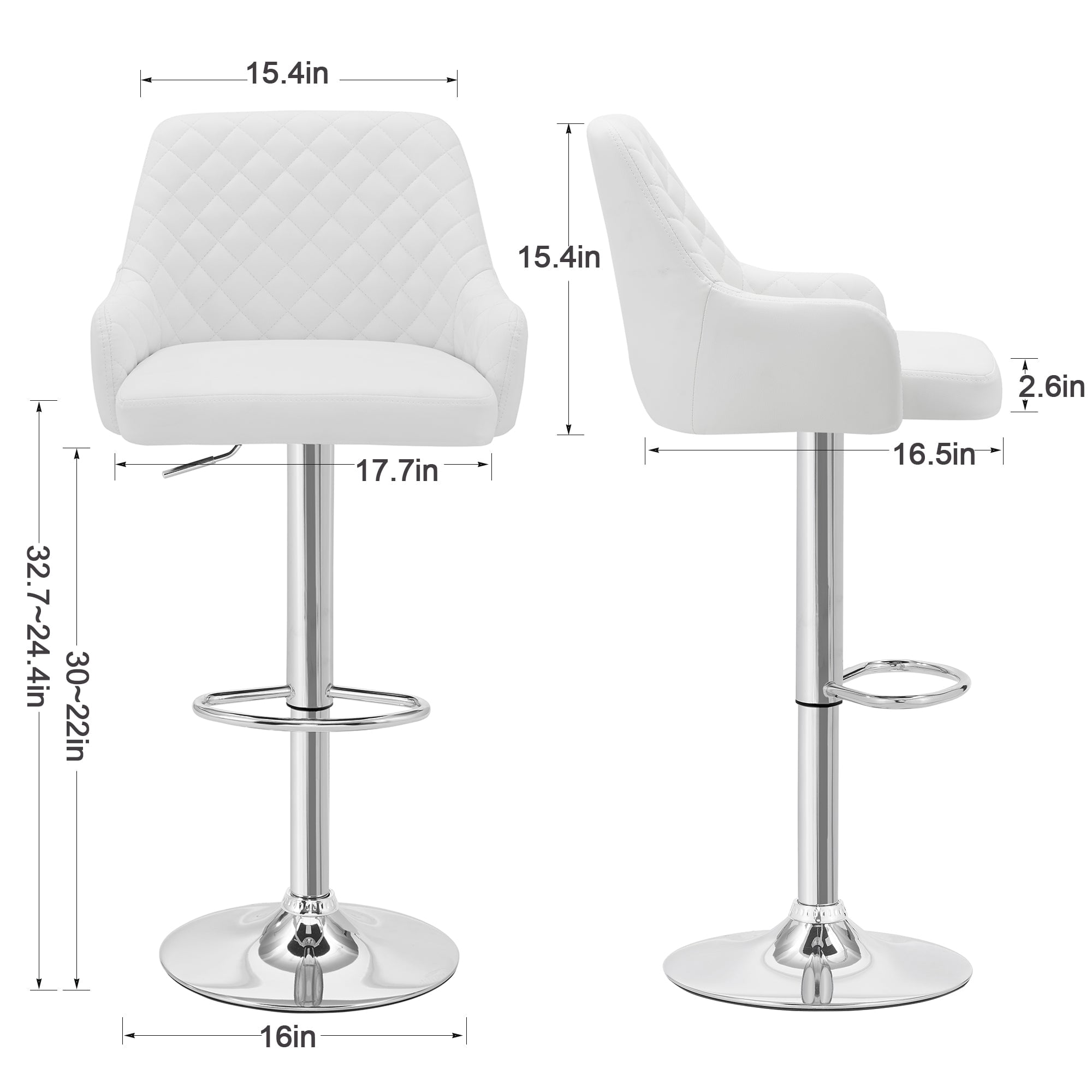 VECELO Set of 4 Bar Stools Adjustable Counter Height Swivel Barstools with Back and Armrest, White