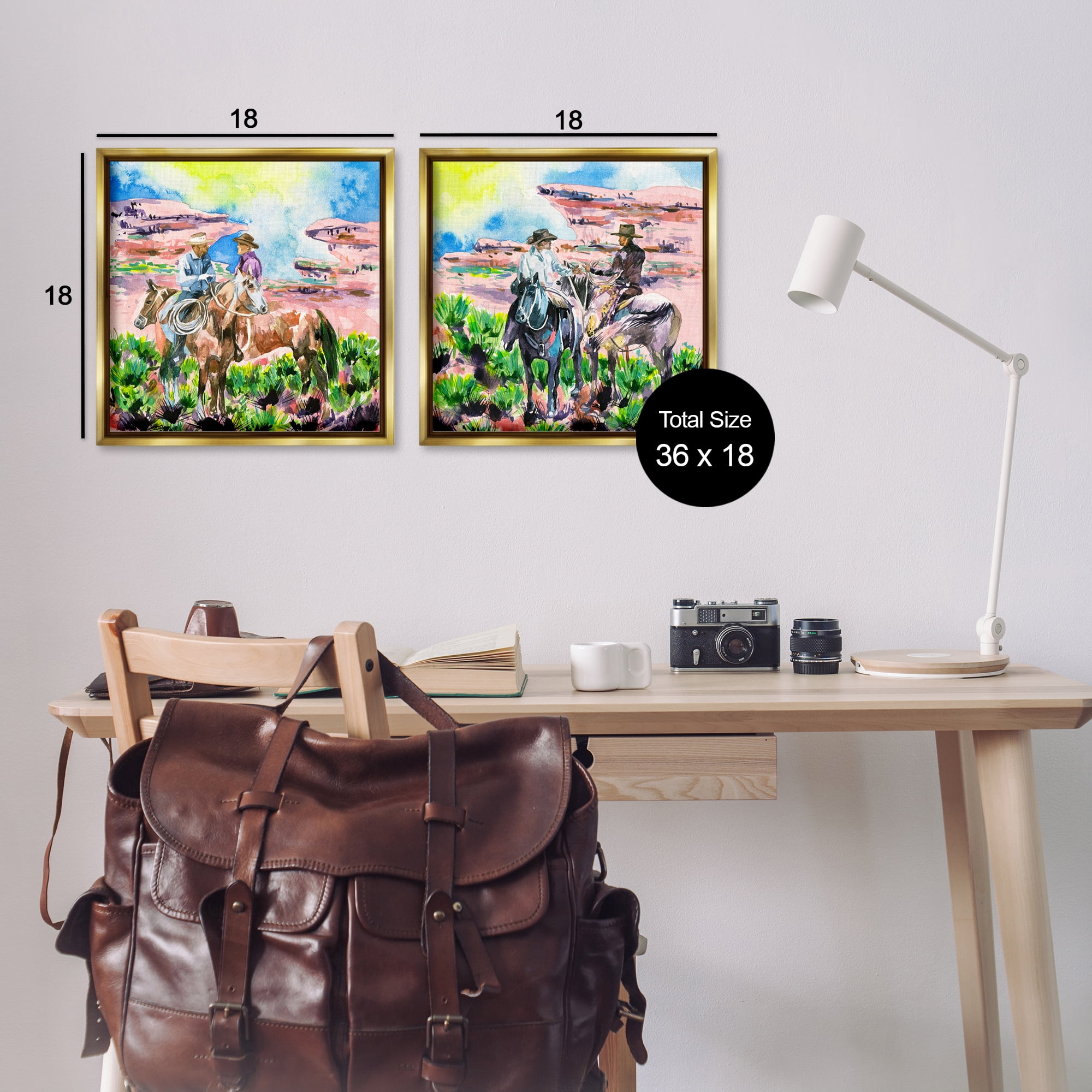 Stupell Industries Cowboys Under Western Sun Landscape & Nature Painting Gold Floater Framed Canvas Art Print Wall Art, 18 x 18, Set of 2