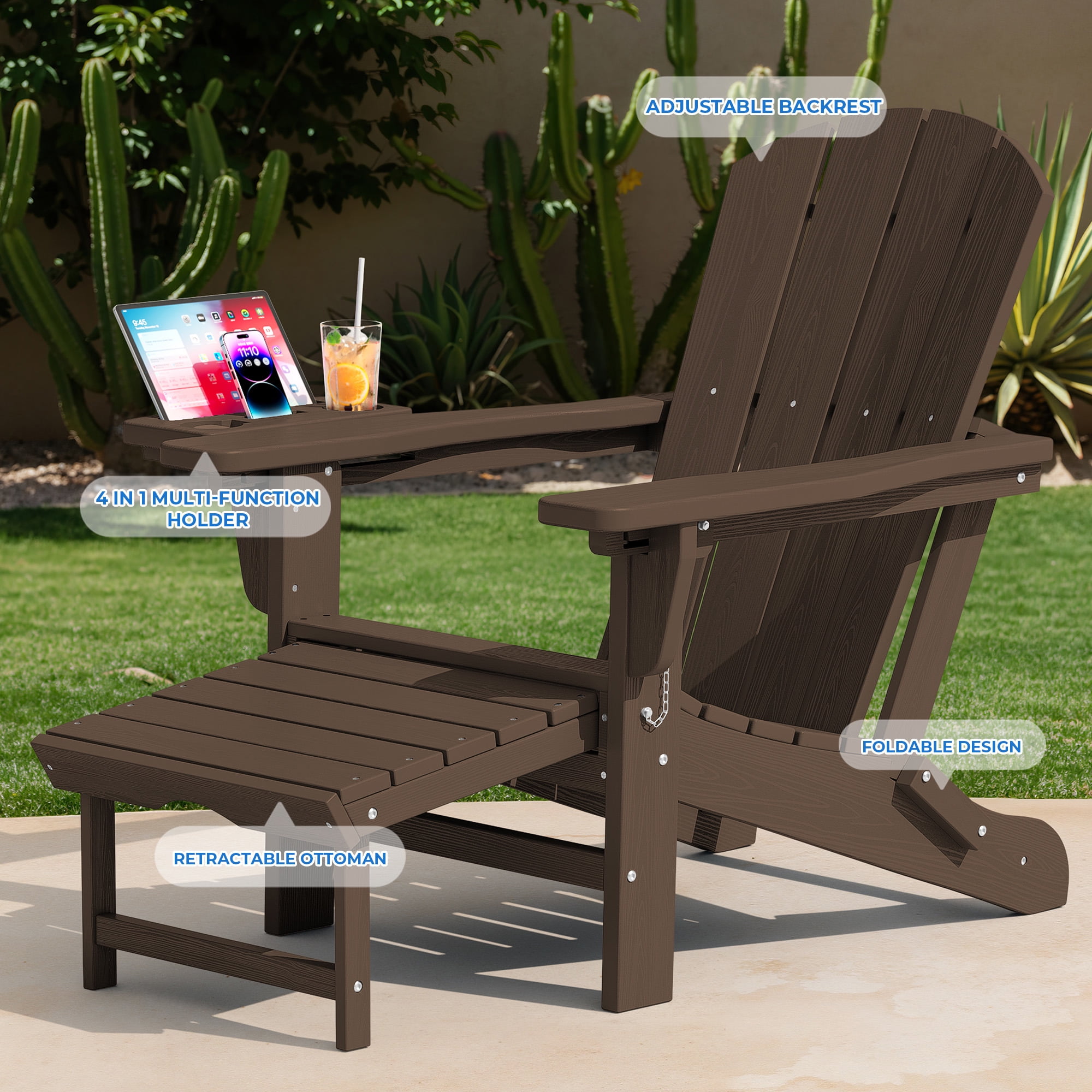 KINGYES Folding Adirondack Chair set of 4, Adjustable Backrest with Pull-Out Footrest & 4-in-1 Mobile Phone, Tablet, Cup Holder Tray, HDPE Plastic Adirondack Chair for Patio Garden Outdoors Fire Pit