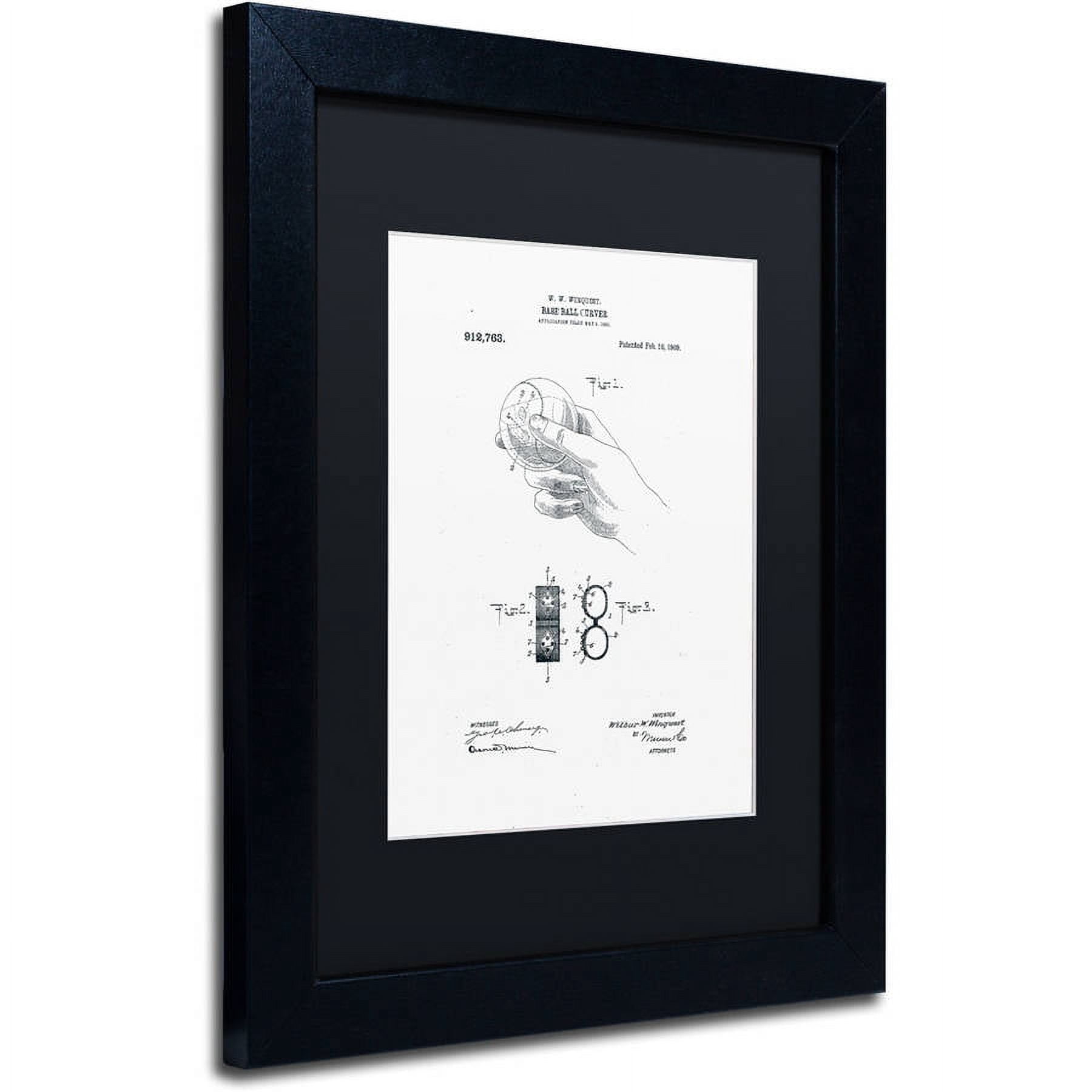 Trademark Fine Art "Baseball Curver Patent 1909 White" Canvas Art by Claire Doherty, Black Matte, Black Frame