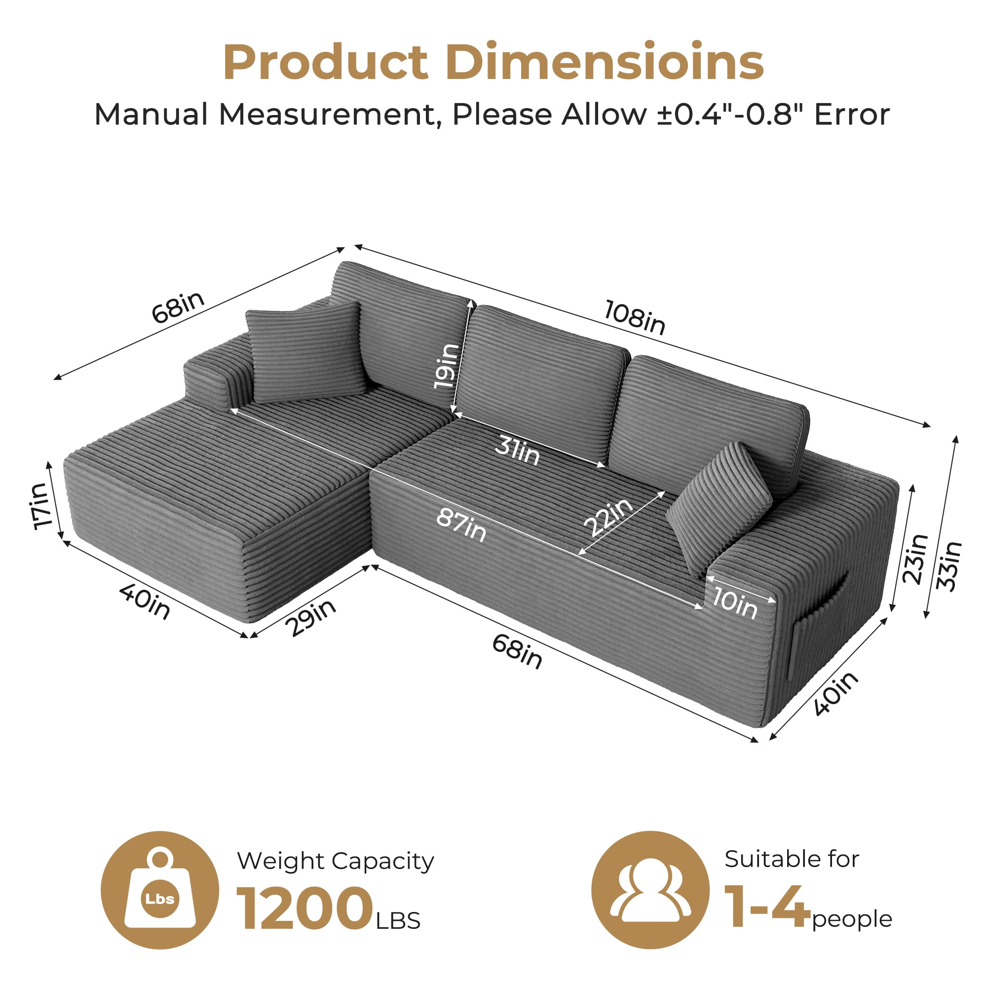 108" Boneless Sofa for Living Room, Neche Modern L-Shaped Corduroy Sectional, Modular Cloud Couch with Deep Seating Upholstered Sofa, Oversized,No Assembly, Gray