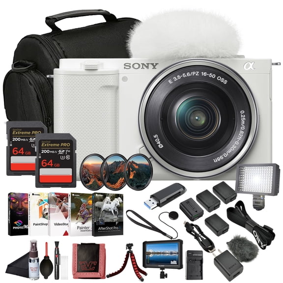 Sony ZV-E10 Vlogging Mirrorless Camera (White) with E PZ 16–50mm Lens (ILCZV-E10L/W) | 24.2 MP APS-C Sensor | 4K Video with 4K Monitor, 2 x 64GB Memory Card, 3 x NPF-W50 Battery, Card Reader and More