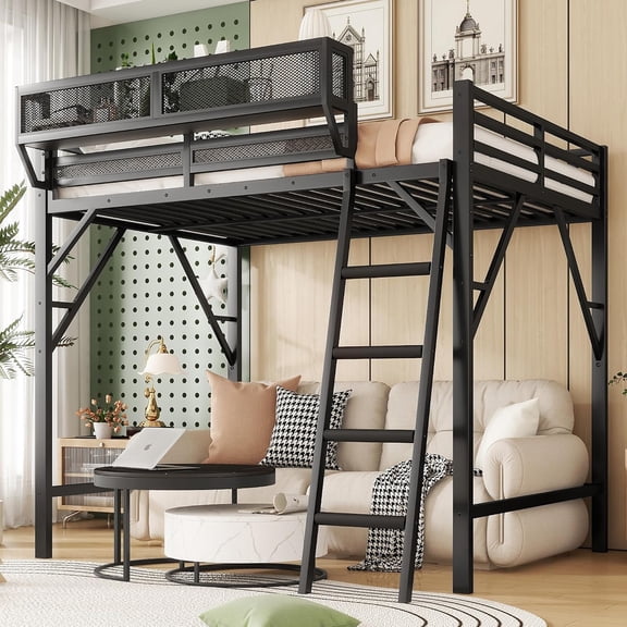 LJAN Queen Size Metal Loft Bed Frame with Ladder and Built-in Storage Shelves, Modern Style Loft Bed with Solid Slats, Guardrail, No Box Spring Required, Easy Assembly, for Bedroom