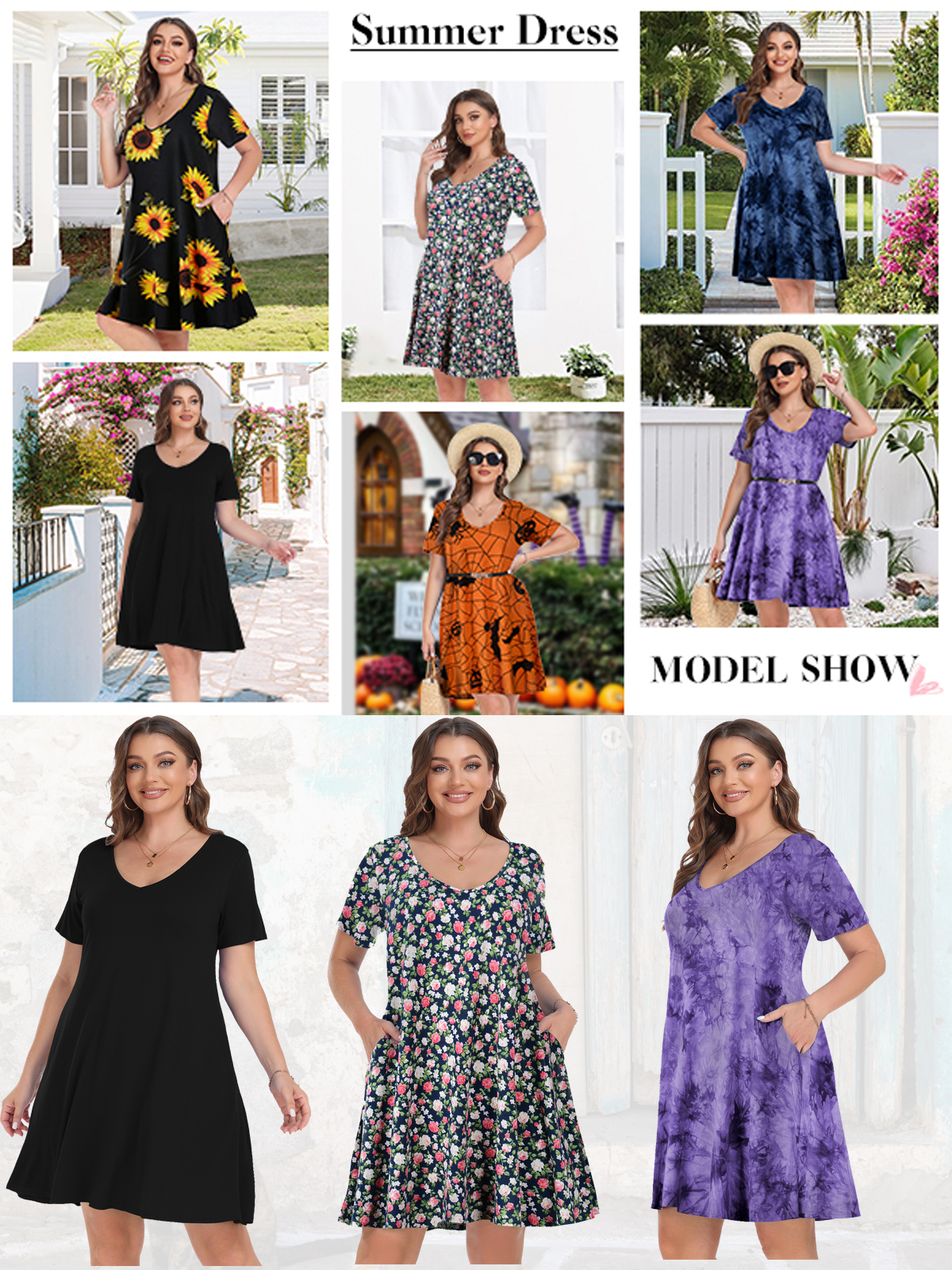 Plus Size Dresses 2X for Women, VEPKUL V Neck T Shirt Dress 2024 Short Sleeve Casual Loose Swing Summer Dress Floral Printed with Pockets - image 3 of 9