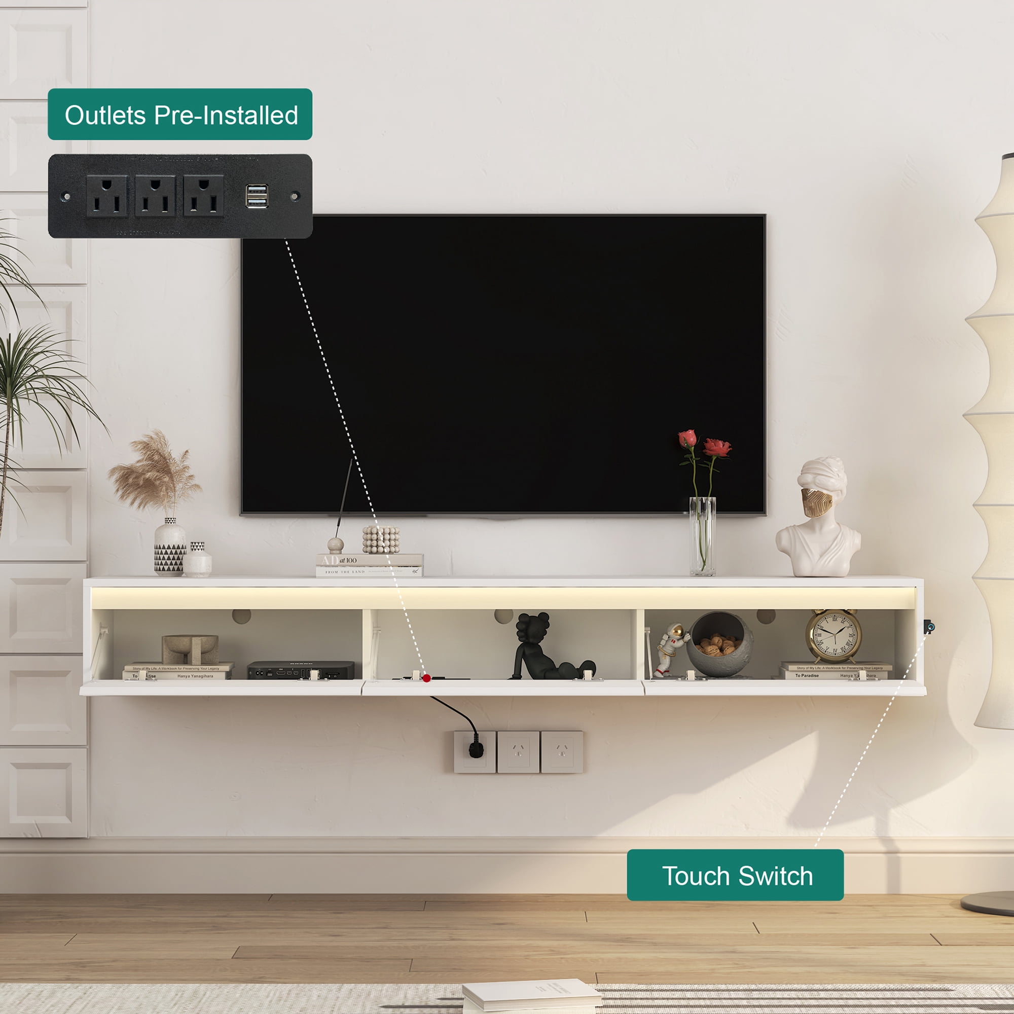 Aukfa Floating TV Stand for TVs up to 65" 70",Wall Mounted TV Shelf High Gloss TV Cabinet,White