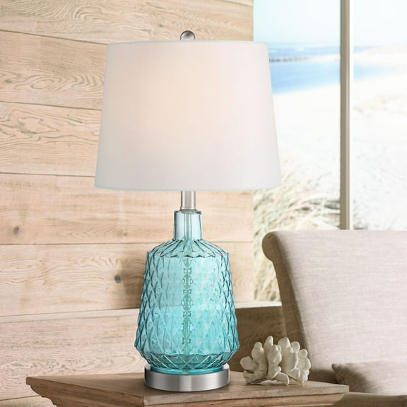 360 Lighting Ronald Modern Coastal Accent Table Lamp 22" High Blue Textured Glass Nickel Pole White Drum Shade for Bedroom Living Room Nightstand