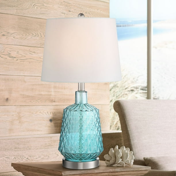 Blue Glass White Drum Shade, Beach Bedroom Table Lamps