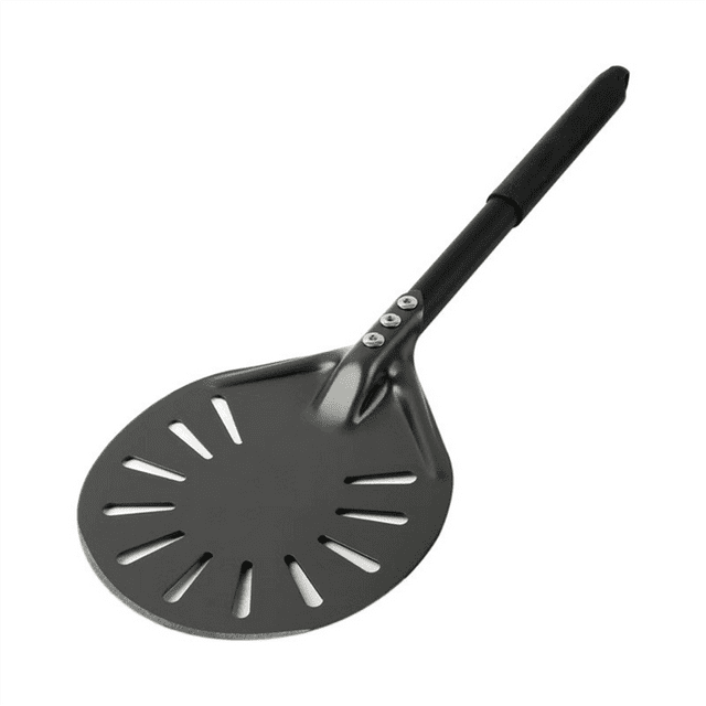 Pizza Turning Peel with Long Handle Aluminum Non-Stick Pizza Peel Spinner Scratch Resistant Pizza Peel Paddle. This high-quality aluminum pizza peel features a perforated design to reduce excess flour and ensure a crisp crust. The long handle provides safe baking by keeping hands away from oven heat. Suitable for various ovens, including wood, gas, and electric. The round, scratch-resistant paddle is ideal for evenly baking and removing pizzas.