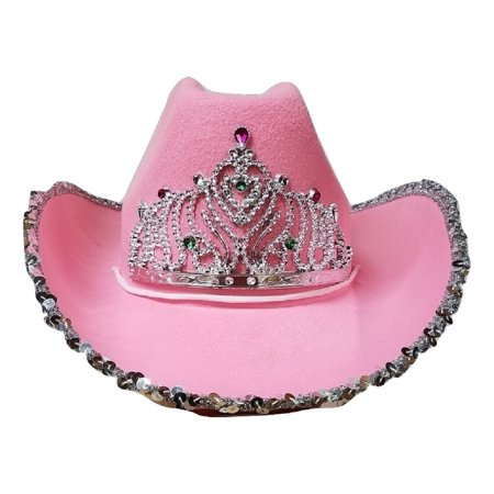 Pink Felt Cowboy Hat - Cowgirl Rodeo Queen Cowboy Hat Silver Sequin Tiara Adult Costume Accessory