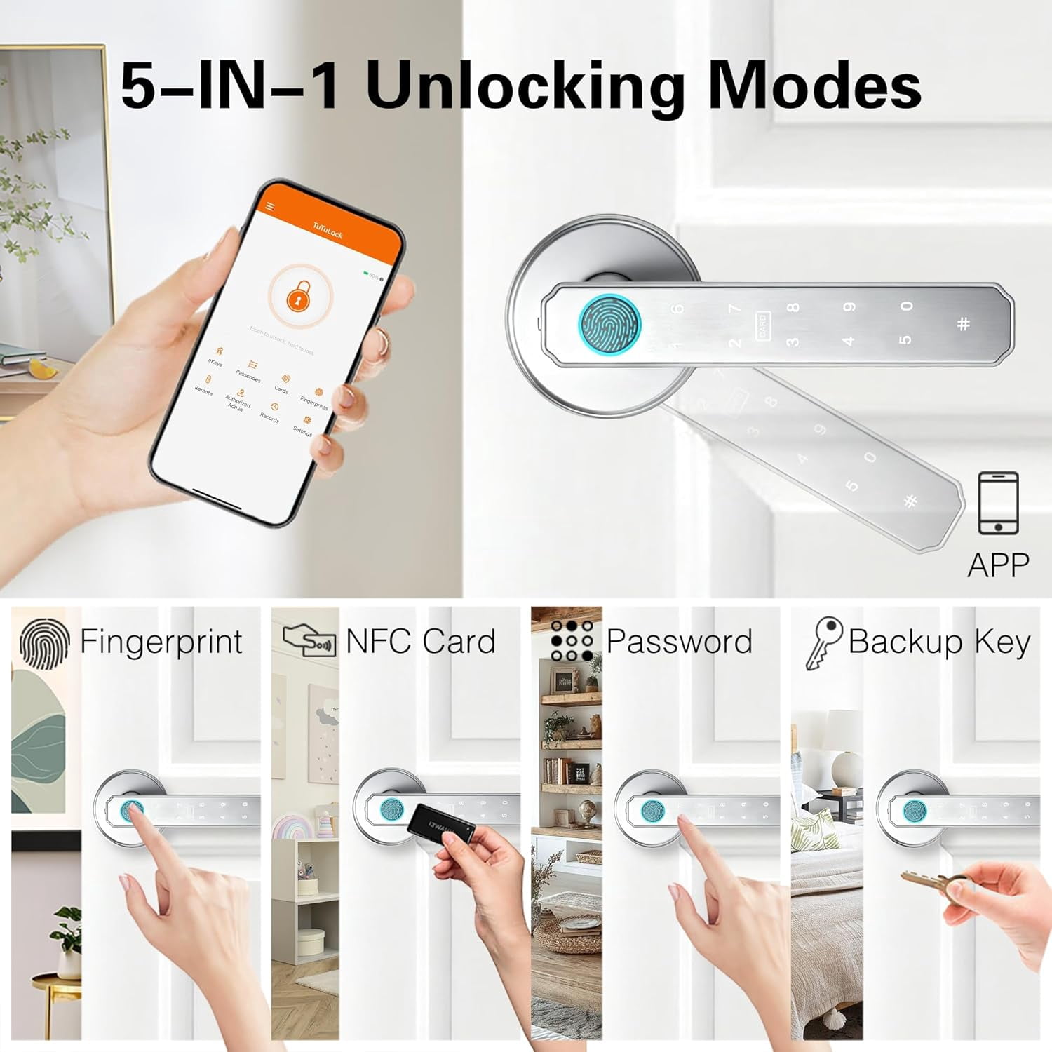 Fingerprint Door Lock, 5-in-1 Smart Door Knob, Keyless Entry with Passcode Keypad & Handle, APP Control for Bedroom, Office, Apartment (Silver)