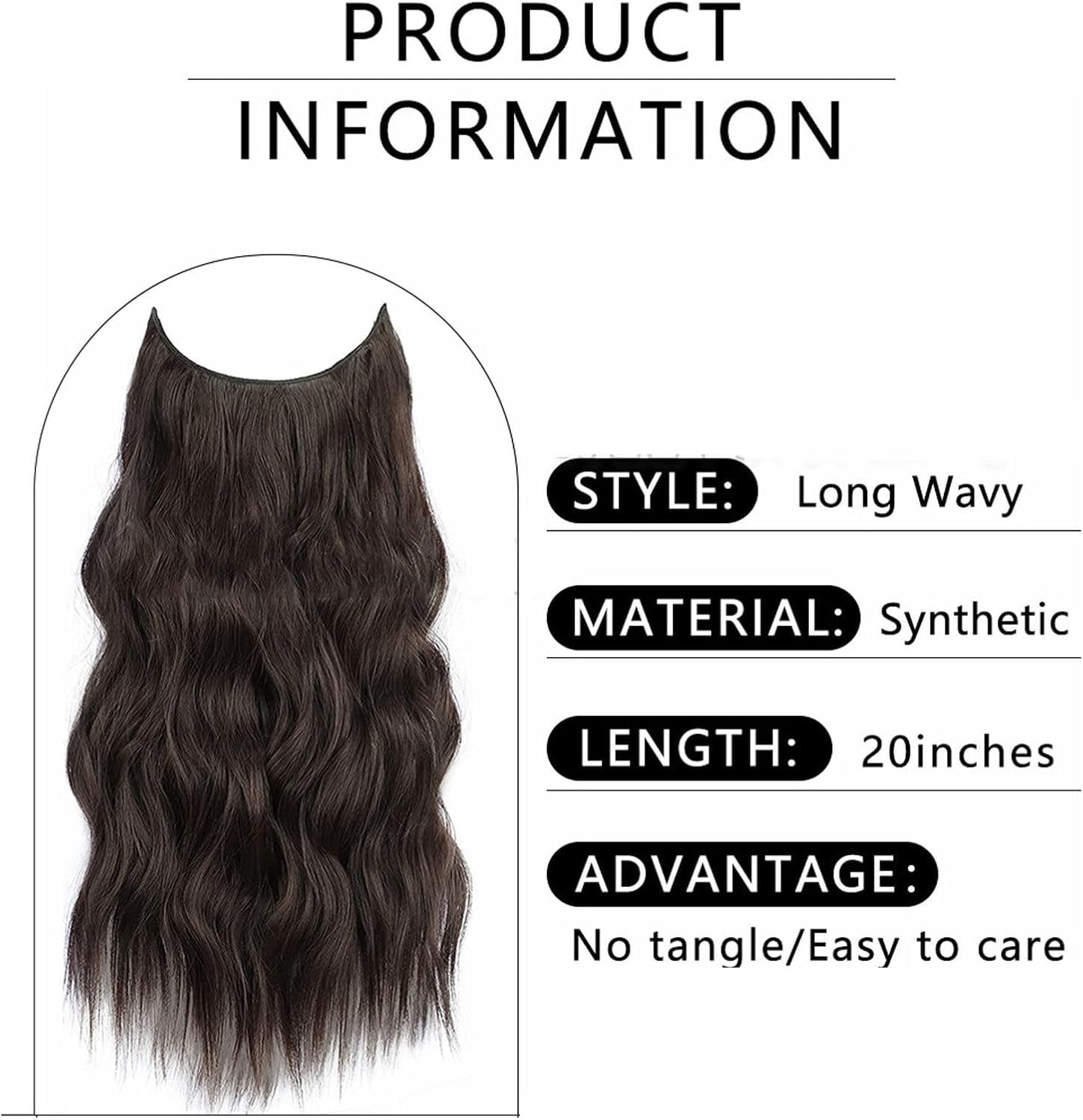 Aorsher 20 Inch Halo Hair Extensions, Invisible Wire Hair Extensions with 4 Secure Clips, Adjustable Size Transparent Headband Long Wavy Secret Black Hairpiece for Women