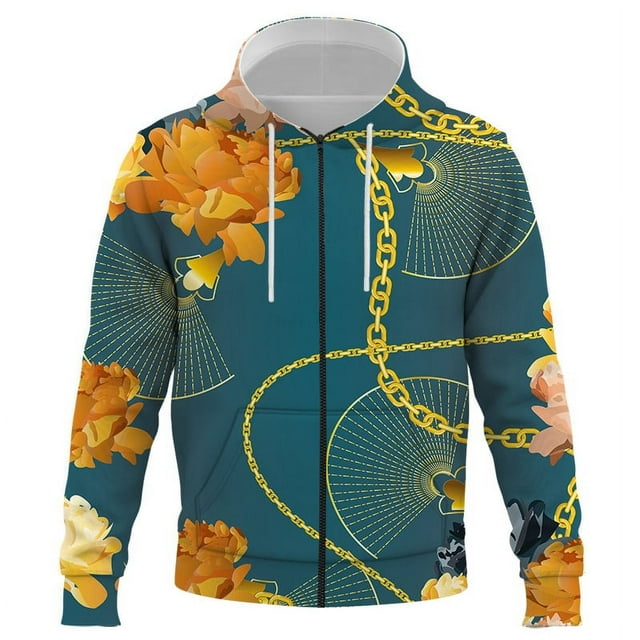 Chaqueta con capucha y cremallera de cadena de hierro con estampado 3D de lujo para hombre y mujer, estilo Harajuku, unisex, ropa para hombre