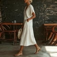 thumbnail image 4 of LNWUY Women's V Neck Linen Maxi Dress with Lace Trim Short Sleeve Solid Color Loose Pocket Long Dress Summer Casual Beach Dress White XXL, 4 of 7