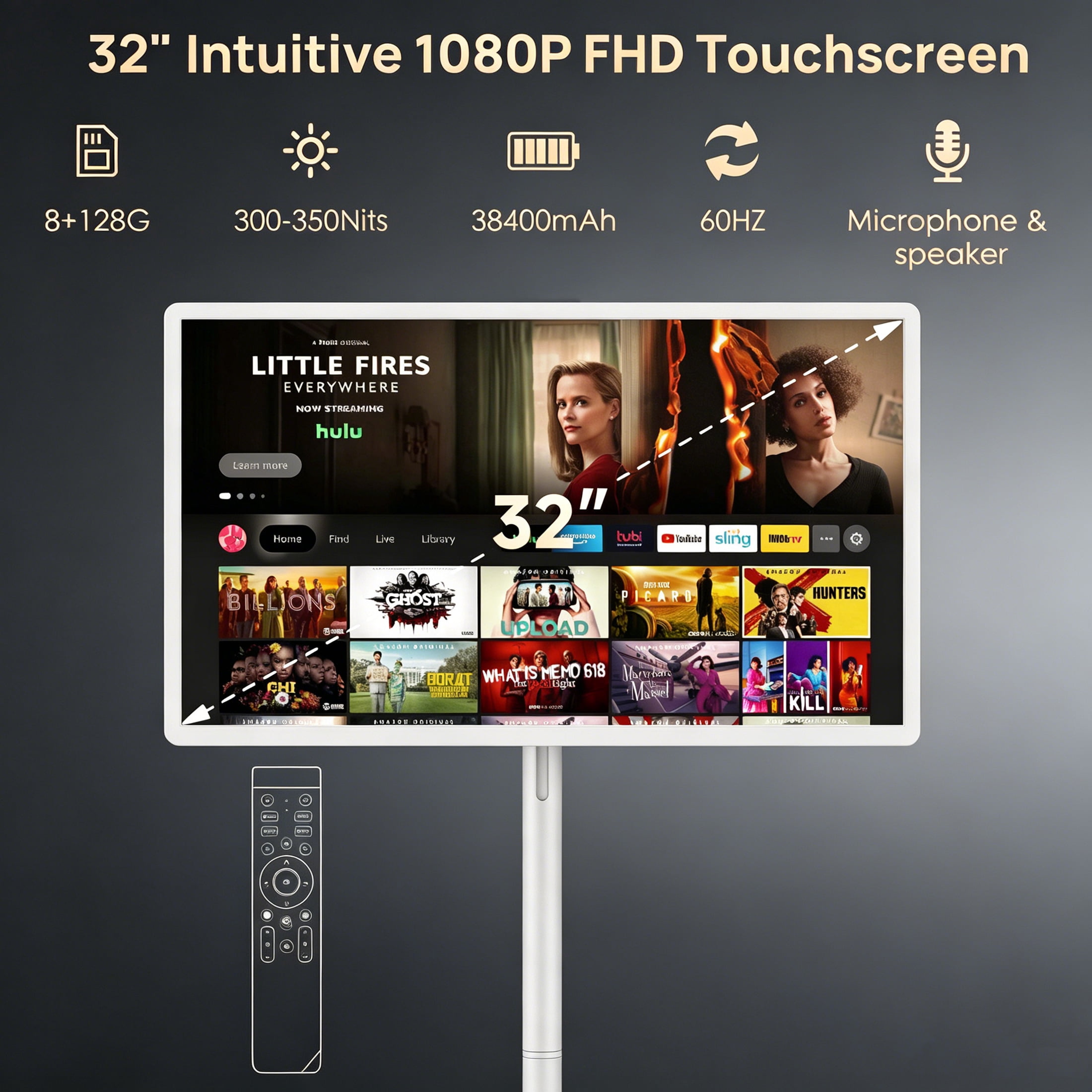 32" Smart Portable TV, FHD Touch Screen Monitor on Wheels, Voice Remote Control, Wireless Movable Display, Built-in Battery, Full Swivel Rotation, EDLA-Certified, for Home, Office & Entertainment