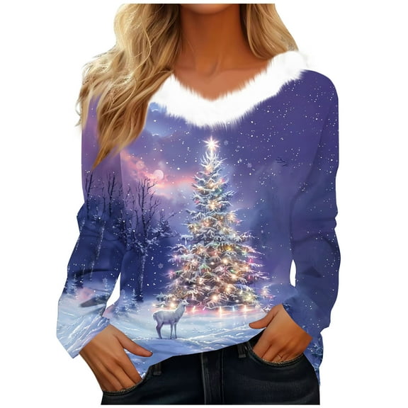 Christmas Top for Women V Neck Plush Collar Graphic Print Long Sleeve T Shirt Purple XL