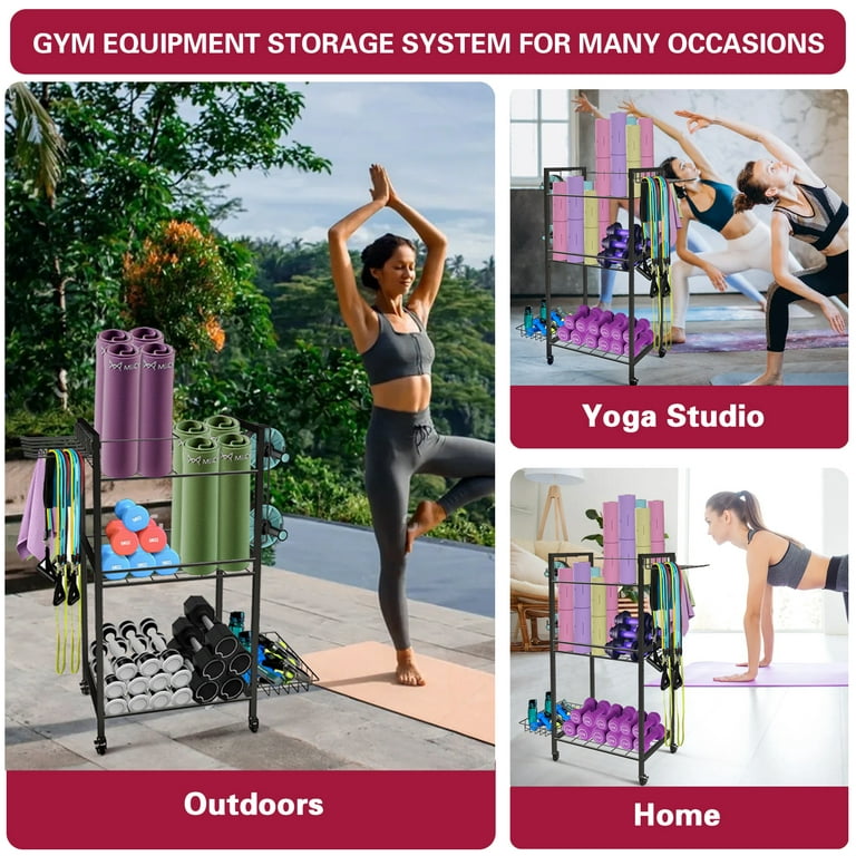 Large Yoga Mat Storage Cart with Wheels, Floor Metal Yoga Mat Holder  Basket, Gym Foam Rollers Organizer, for Gym/Yoga Studio Hold 20 Exercise  Mats