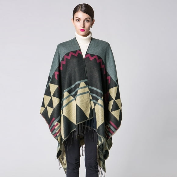 Women Knitted Shawl Poncho Faux Cashmere Geometric Pattern Tassel Oversized Long Bohemia