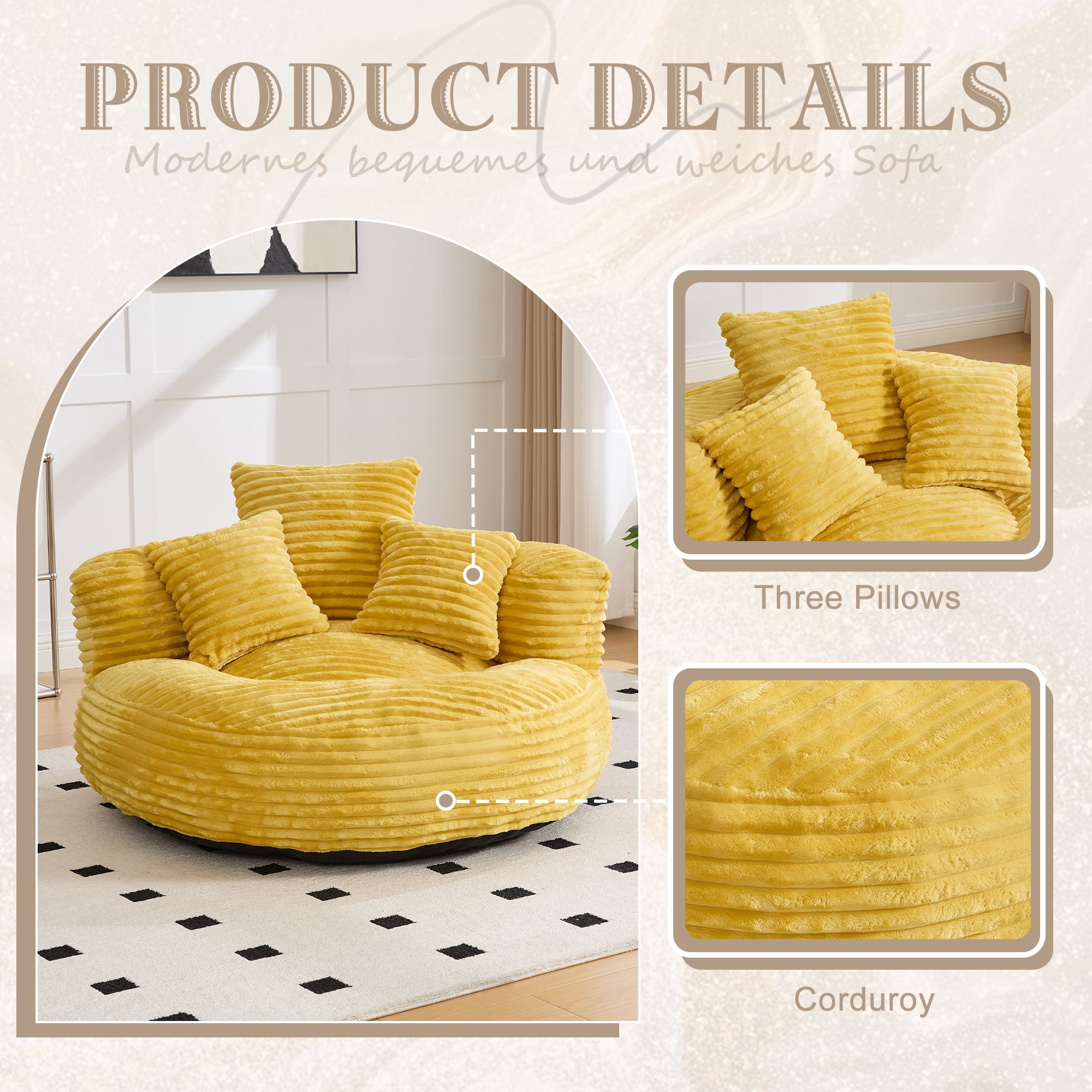 CKEASEAN Oversized Bean Bag Chair for Adults with Armrests & 3 Pillows, Corduroy Bean Bag Sofa with Memory Foam Filler, Lazy Floor Chair No Assembly, Comfy Lounge Seat for Living Room Relaxing