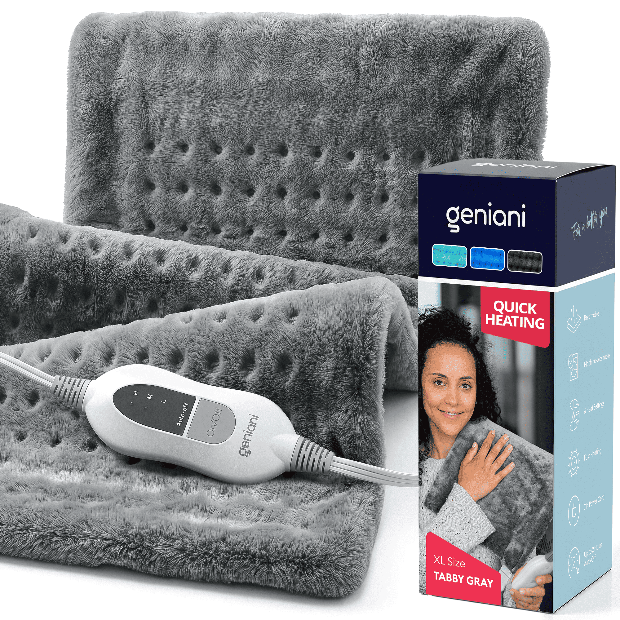 Geniani Heating Pad for Back Pain Relief – Electric Heating Pad for Cramps & Period Cramps, Neck and Shoulders, Auto Shut Off, Machine Washable (12"x24", Navy Gray)