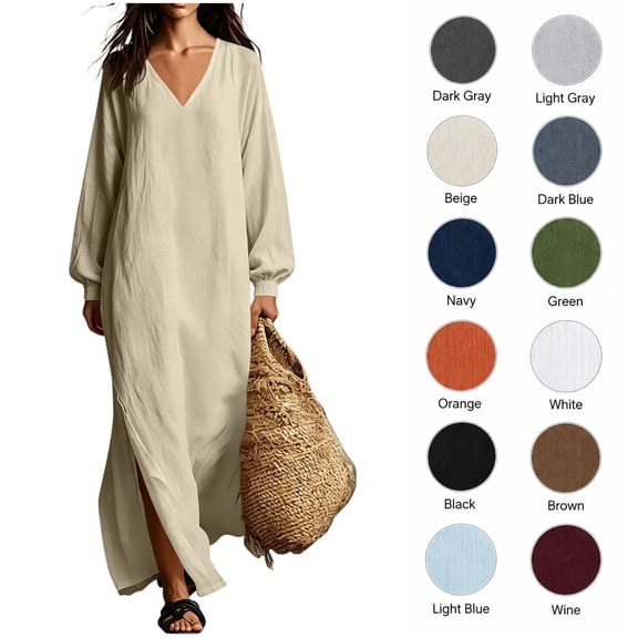 XRoczxe Women's Long Sleeve V Neck Maxi Dress, Loose Fit Linen Blend Flowy Dress with Side Slit, Casual Boho Beach Tunic for Summer