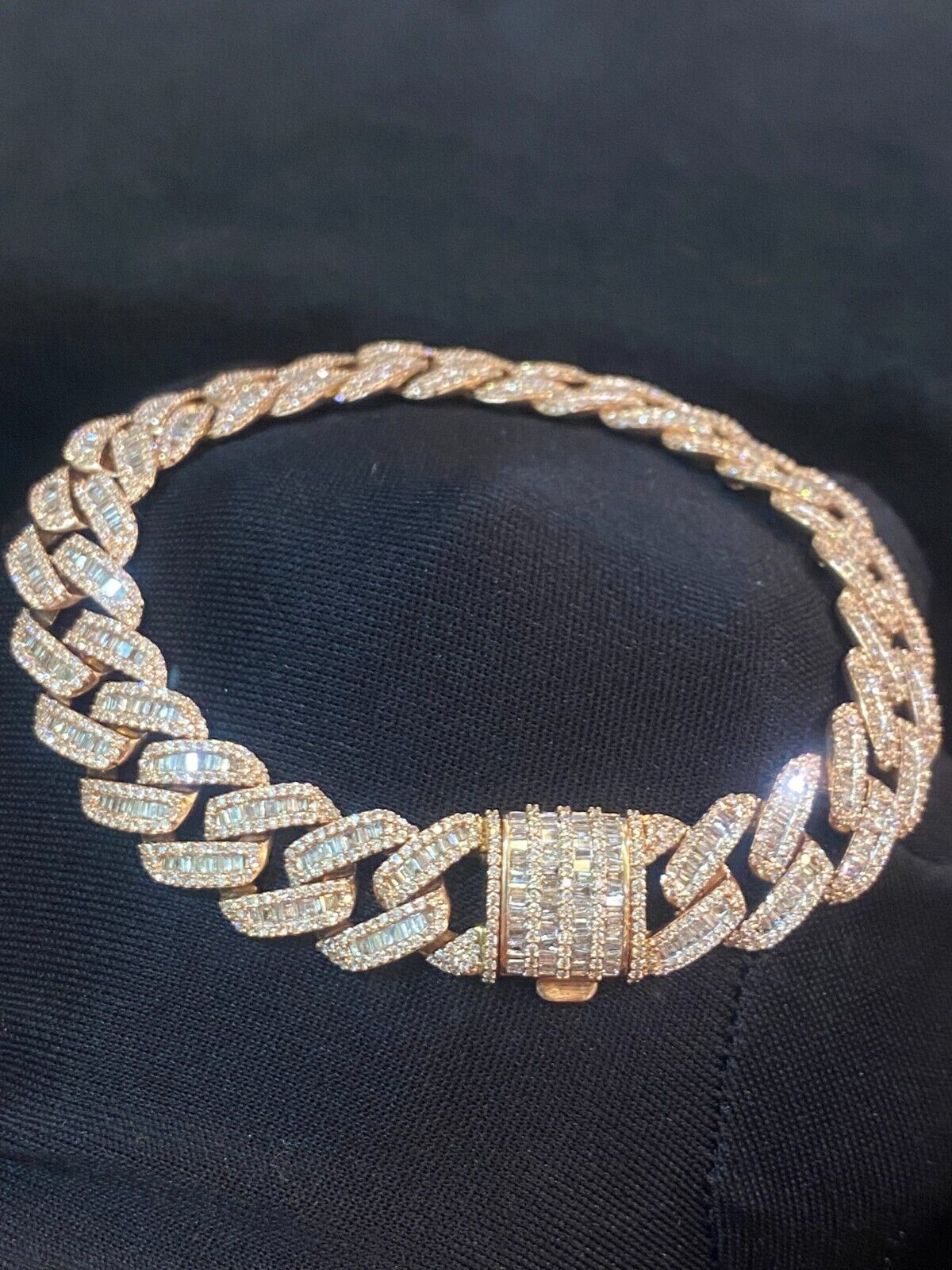 8.90 Carats Round Baguette Cut Diamonds Men's Cuban Link Chain Bracelet In Hallmark 14K Rose Gold