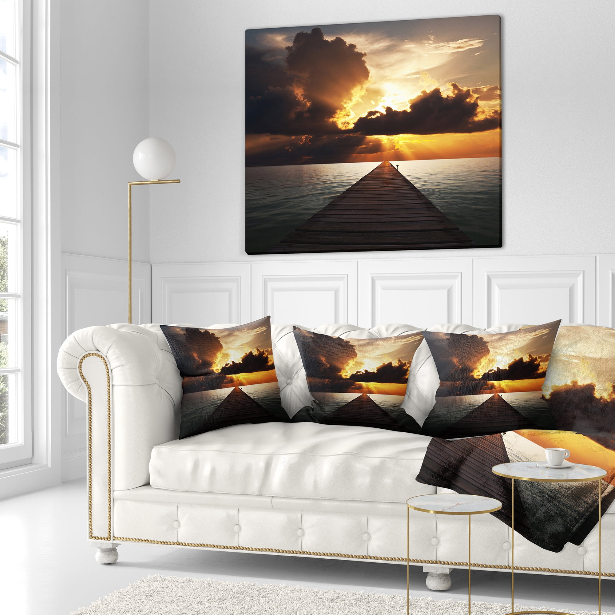 Designart Indefinite Wooden Pier to Gloomy Sea - Bridge Throw Pillow - 16x16