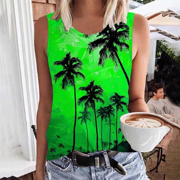 Titcea Womens Tank Tops Round Neck Sleeveless Summer Casual Graphic Tees Hawaiian Beach Holiday Palm Tree Printed T Shirts