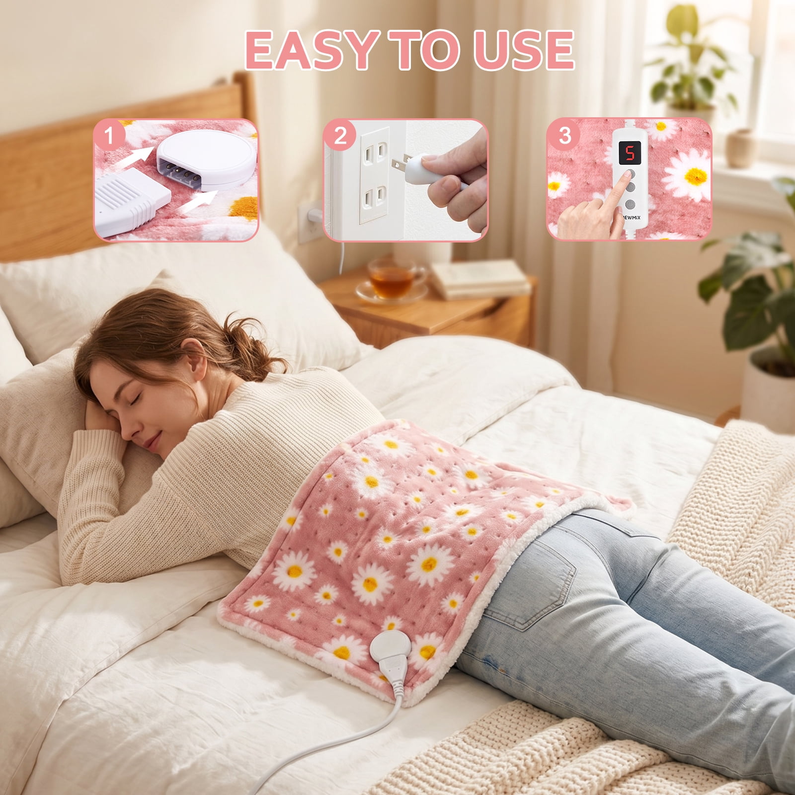 Daisy Heating Pad for Back Period Cramps Neck Shoulder Pain Relief Portable Electric Heat Pads Pink Stuff Gifts Ideas, Funny Useful Self Care Christmas Birthday Gift for Women Mom Her Wife Girlfriend