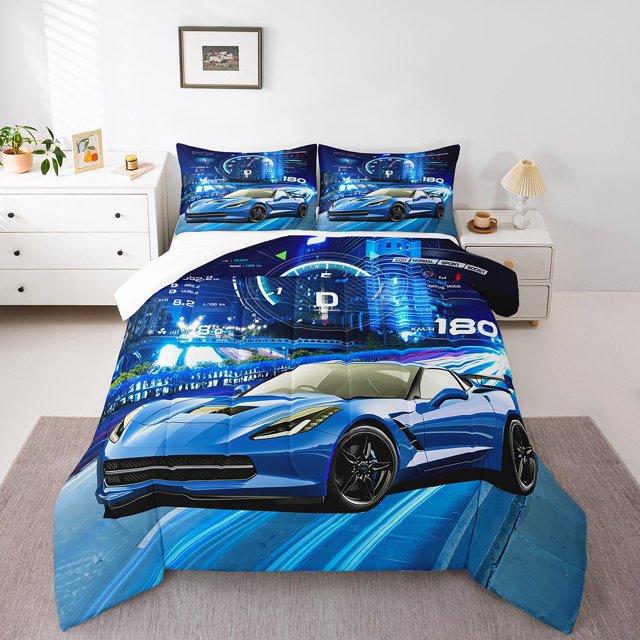 Erosebridal Sport Car Comforter Sets Queen Size For Teenager,Racing Car Bedding Queen Comforter Set,Fast Car Room Decorative,Breathable,3 Pieces