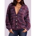 thumbnail image 2 of Suéter PRETTYGARDEN a Rayas con Botones, Cuello en V, Peludo, Morado, Talla L, 2 of 4
