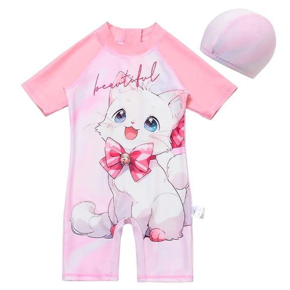 JFOPQVSM Girls Cute Cat Swim Set Short Sleeve Swimsuit with Swim Cap Cover Ups for Beach Pool