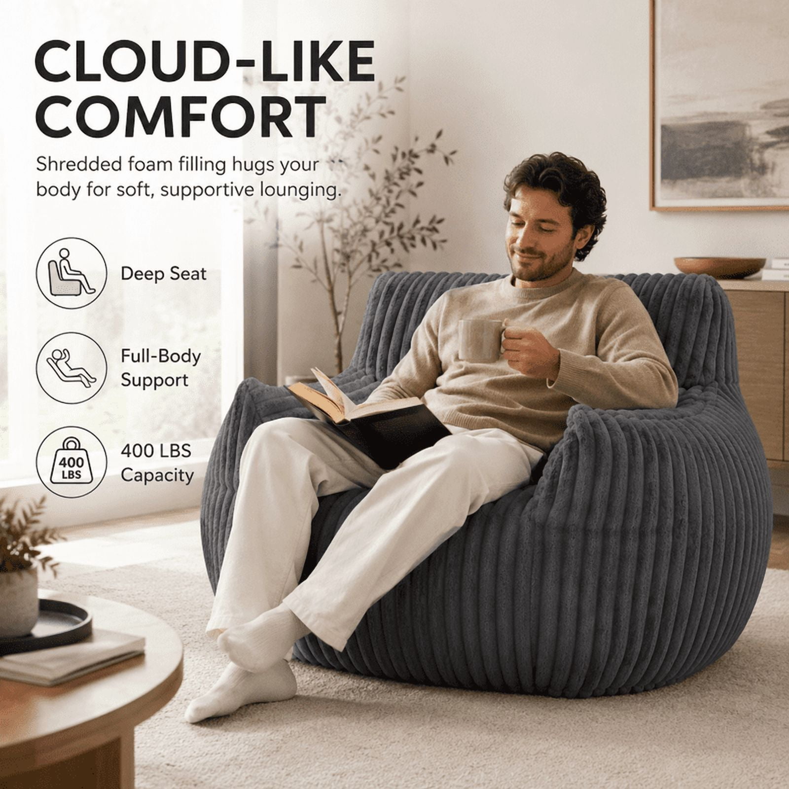 Giant Bean Bag Chair for Adults, 46" Oversized Corduroy Bean Bag Sofa with Armrests, Shredded Foam Floor Lounge Chair, Supports 400 lbs, Black