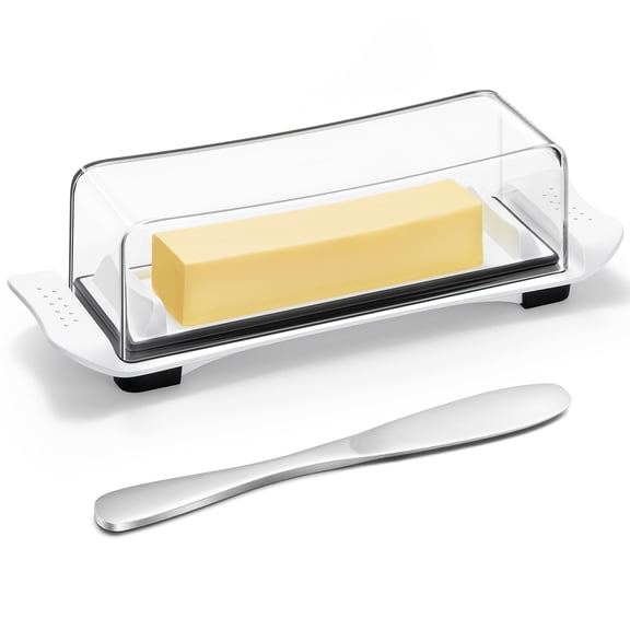 ARRITZ Butter Disher with Lid, Keeper Container for Refrigerator and Countertop Use with Stainless Steel Knife, for West/East Coast Butter, White